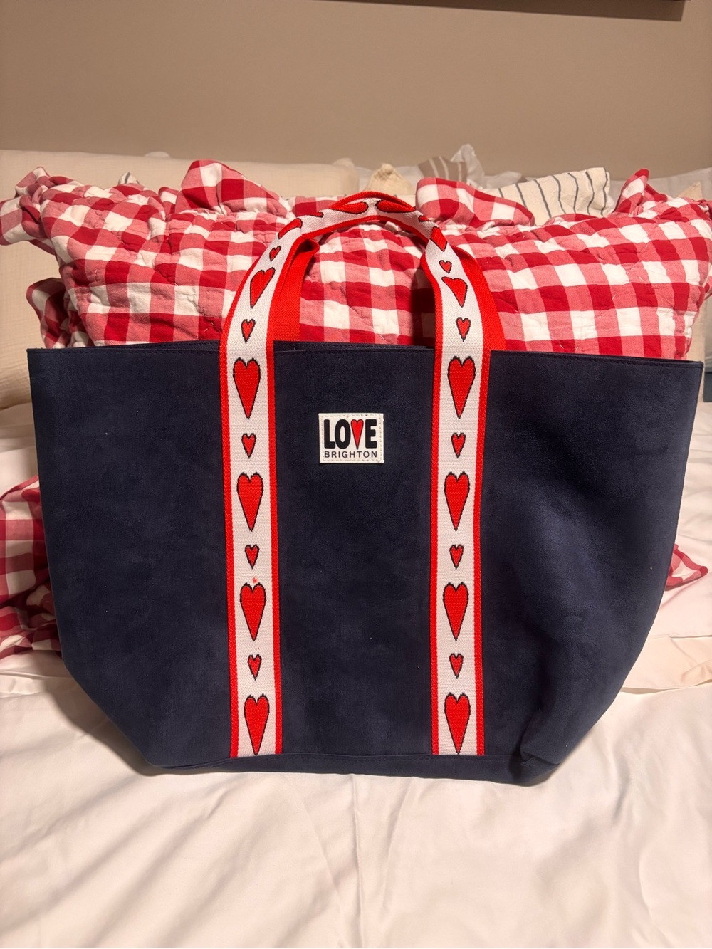 Brighton Navy Tote with Red Heart Strap Accents
